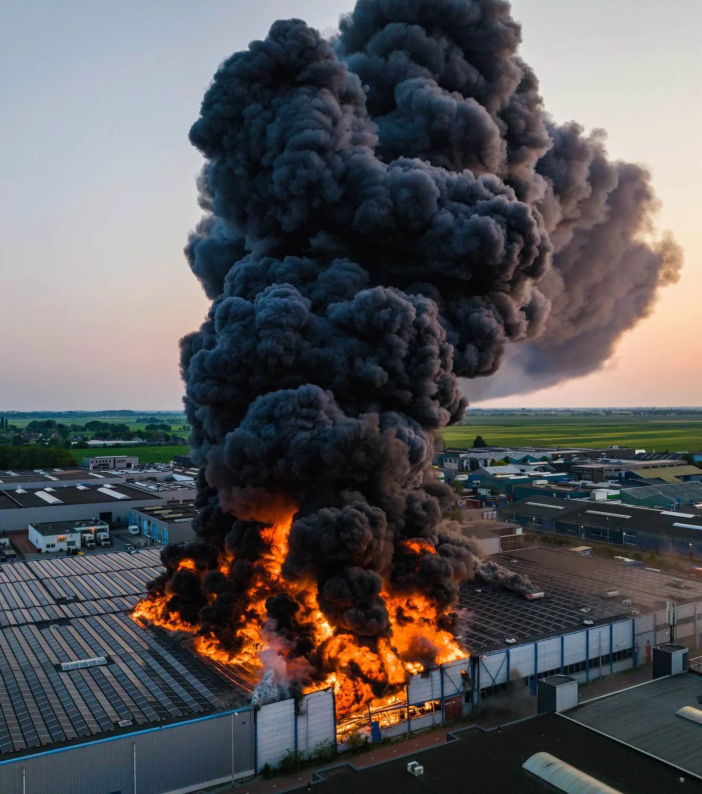 Grote brand met zware rookontwikkeling boven een bedrijventerrein